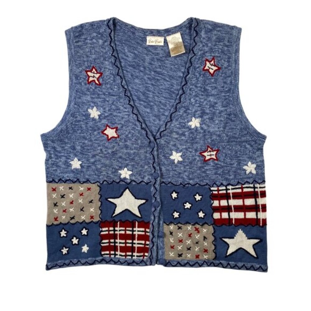 Bobbie Brooks VTG Womens Size Large Patriotic Knit Vest Red Blue Stars & Plaid